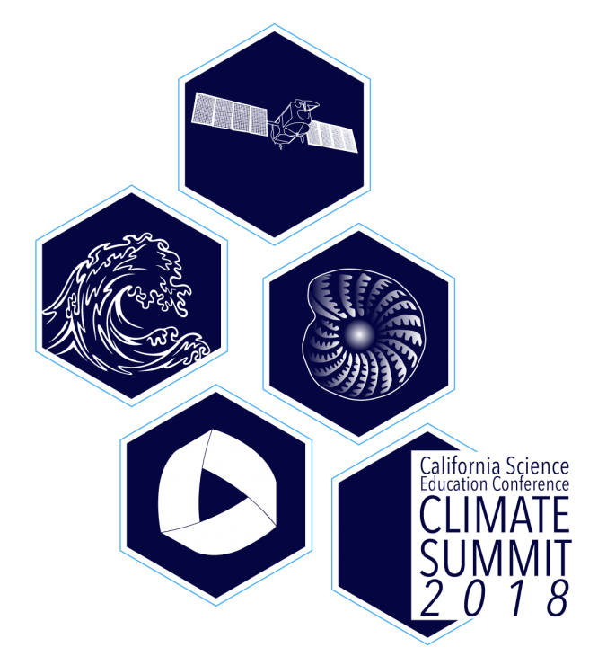 Climate Summit Logo including images of a wave, mobius strip, and satellite. Text: 2018 Calfiornia Science Education Conference Climate Summit